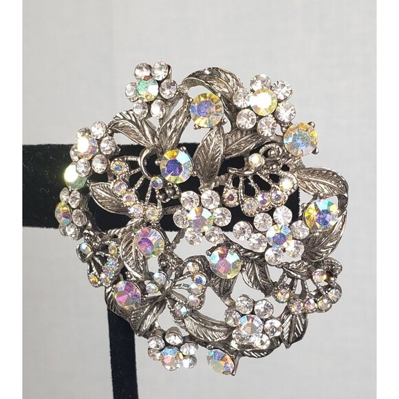Vintage 1950's Flower Filigree AB Crystal Rhinestone Silver Tone 2" Brooch - Picture 10 of 14